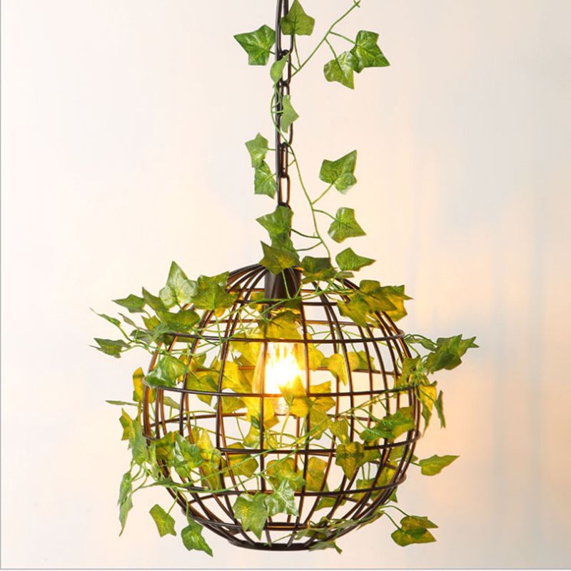 Orb Cage Metal Ceiling Light Antiqued 1 Head Dining Room Pendant Lamp in Black with Artificial Leaf Deco