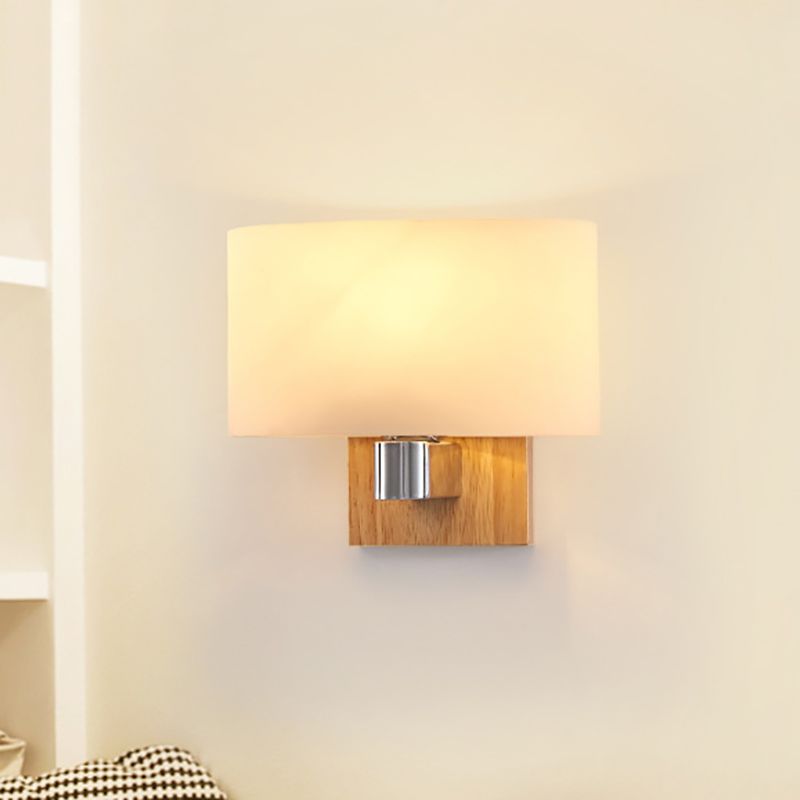 One Bulb Wall Light with Rectangle Shade Opal Glass Nordic Living Room Sconce Lighting Fixture with Wood