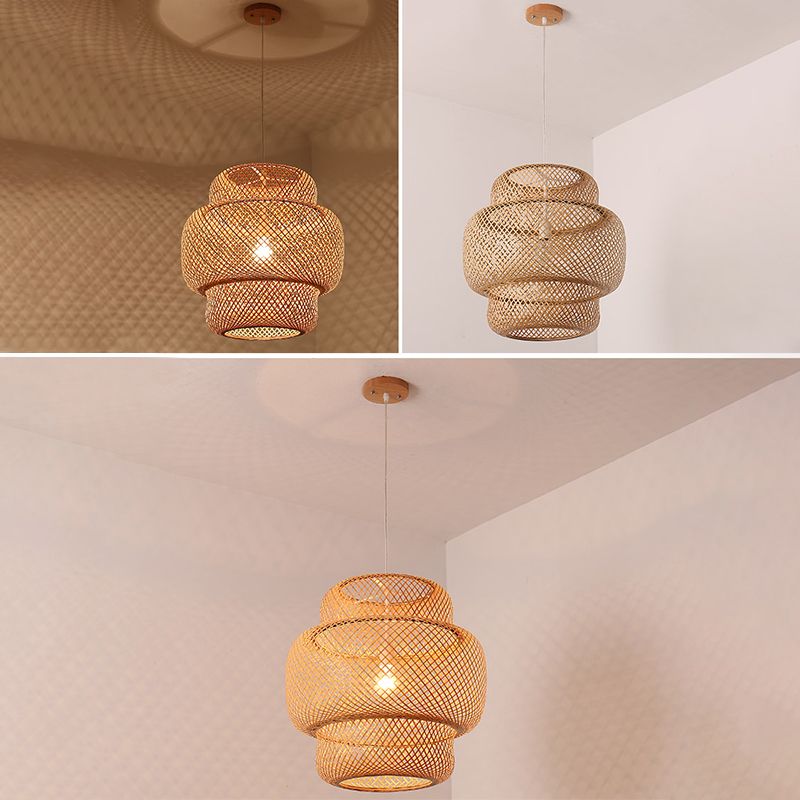 Asian Style Bamboo Weaving Lantern Hanging Light Wooden Single Bulb Ceiling Suspension Lamp for Cafe Shop