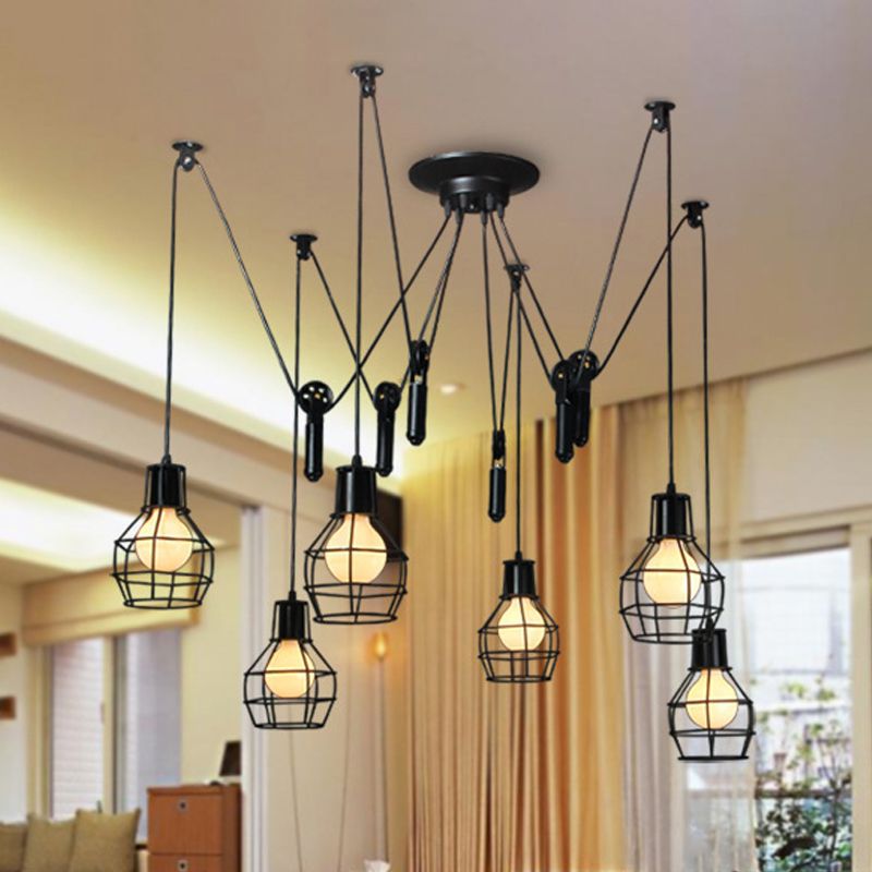 6 lumières Swag Pendante Éclairage industriel Iron noir Multiple Hanging Light avec poulie