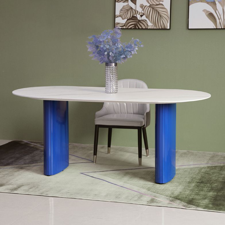 Tavolo da pranzo in pietra di pietra bianca e blu moderna tavolo da pranzo a forma ovale con doppia basi di piedistallo