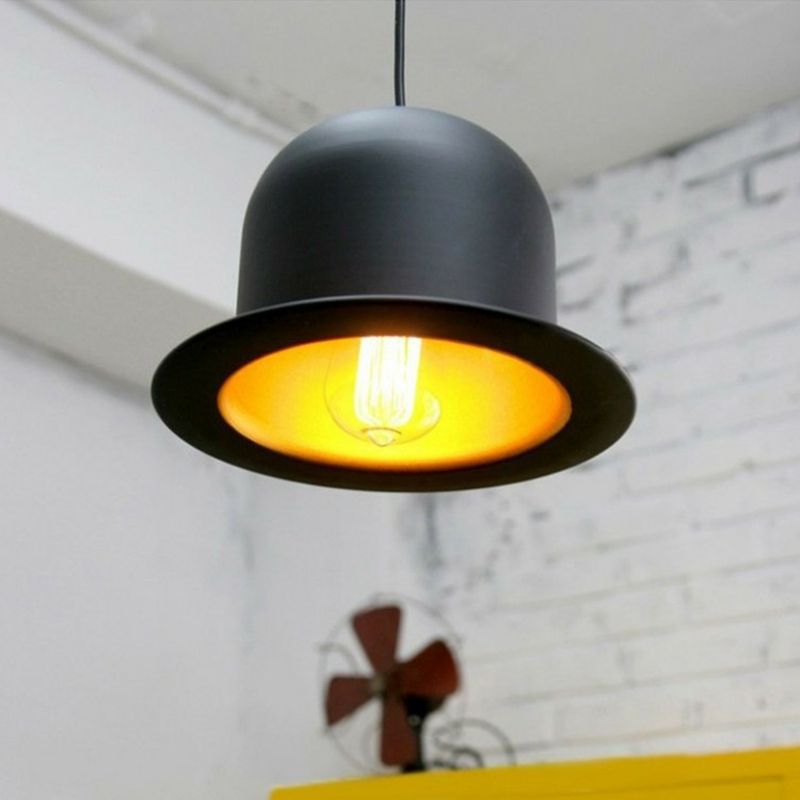 Black Gentleman Hat Shaped Hanging Lamp Loft 1 Bulb Metal Ceiling Light for Dining Room