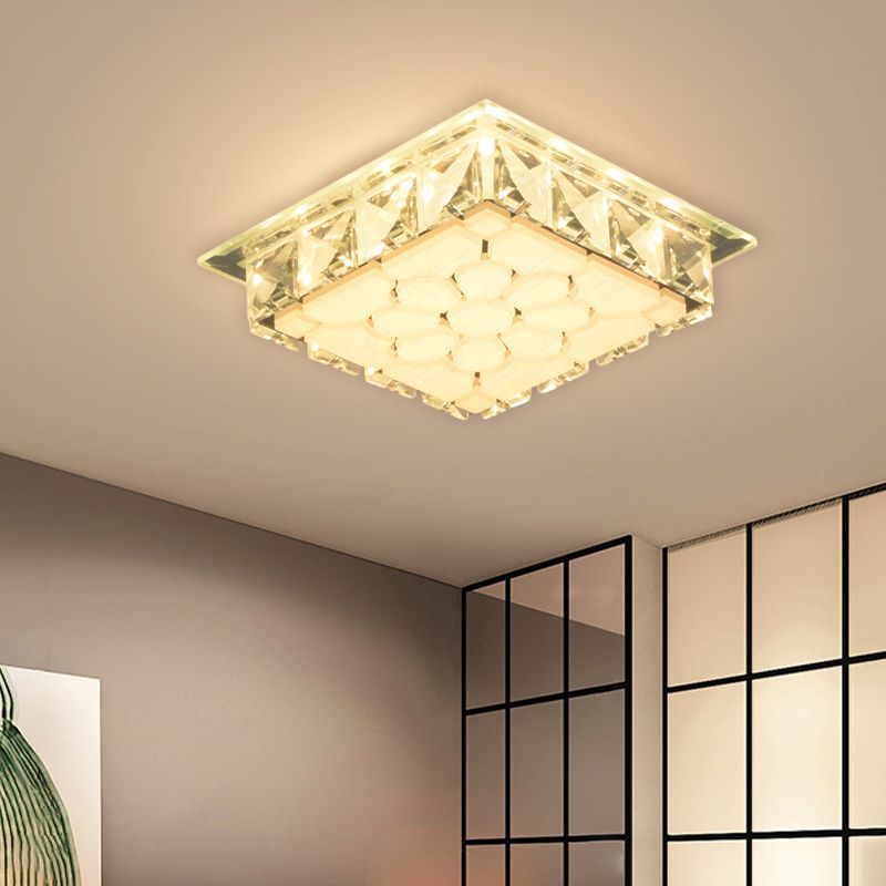 LED Flush Mount Light Modern Bedroom Etched Petal Ceiling Lamp with Square Clear Crystal Shade