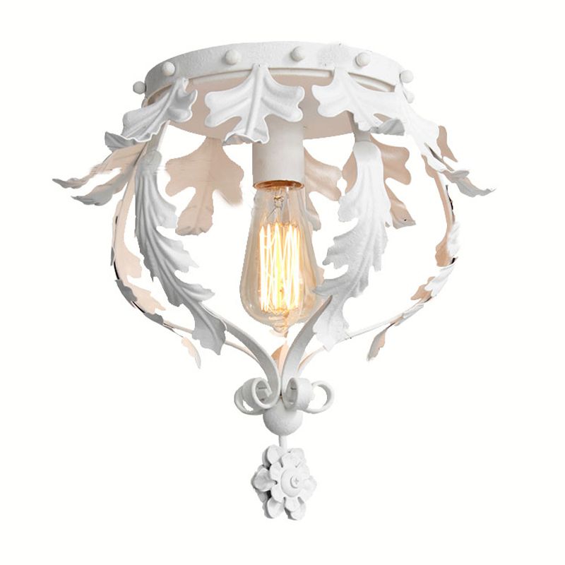 Single Inverted Leaf Crown Flush Light Rustic Grey/White/Gold Metal Ceiling Mounted Lamp for Corridor