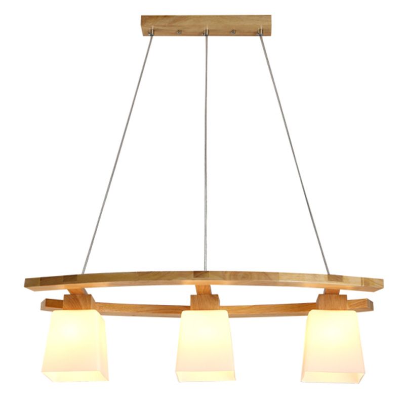 Nordic Personality Wood Island Pendant with Trapezoidal Glass Lampshade Dining Table Hanging Lamp