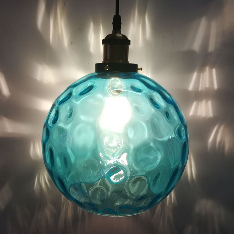 Globe colgante de luz industrial 1 luz de 8 "/10"/12 "lámpara colgante de vidrio con hoyuelos de ancho en azul