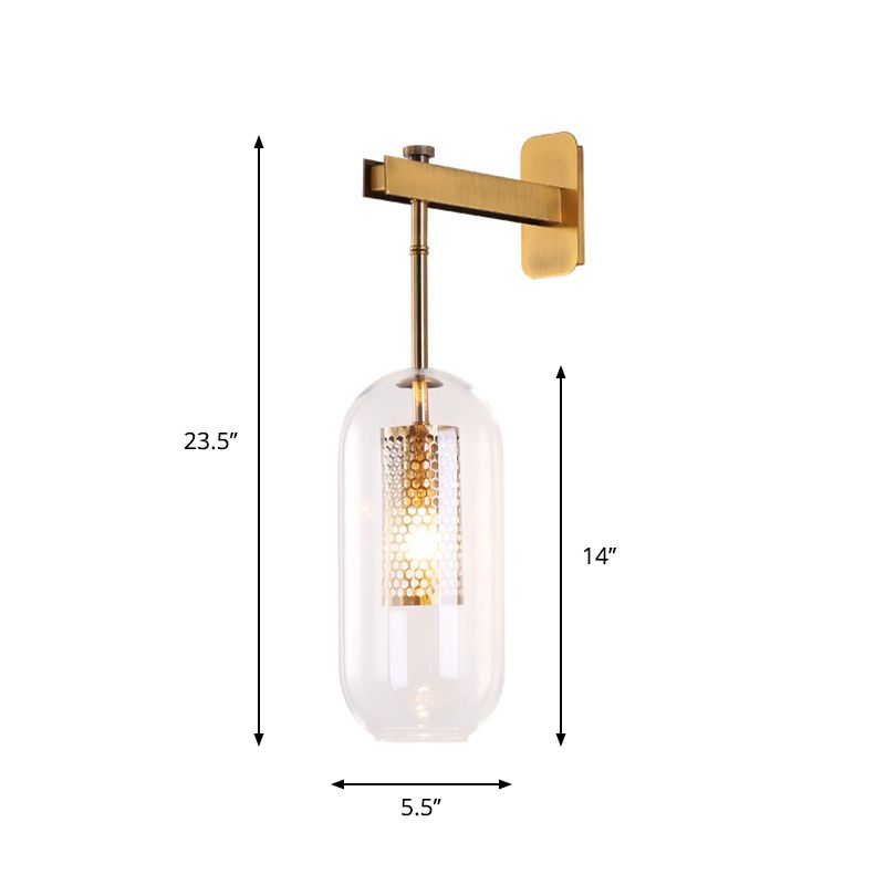 Clear Glass Tube Sconce Light Contemporary 1 Light Brass Bedroom Wall Mount Lamp