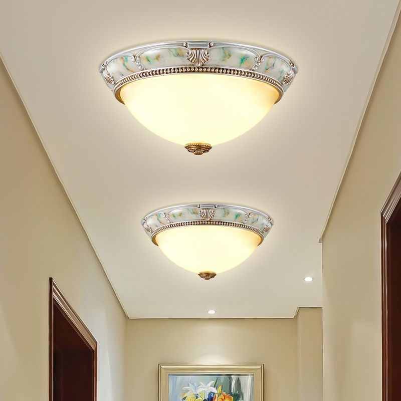 11"/15"/19" W 1-Head Ivory Glass Flushmount Traditional Style Silver Dome Shaped Corridor Close to Ceiling Lighting