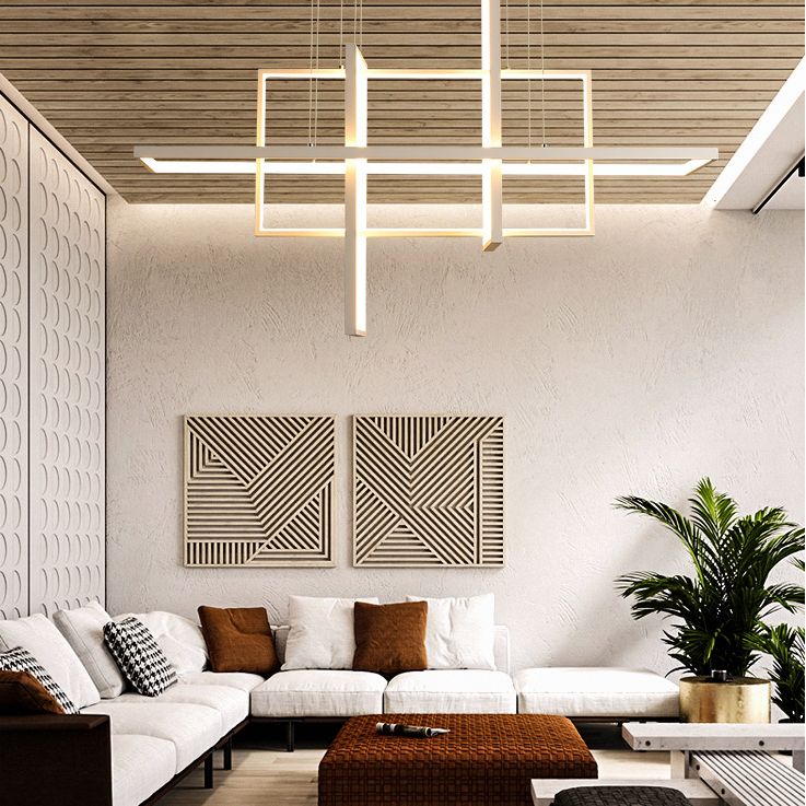 White Frame Rectangular Hanging Light Minimalism LED Acrylic Island Lighting Fixture