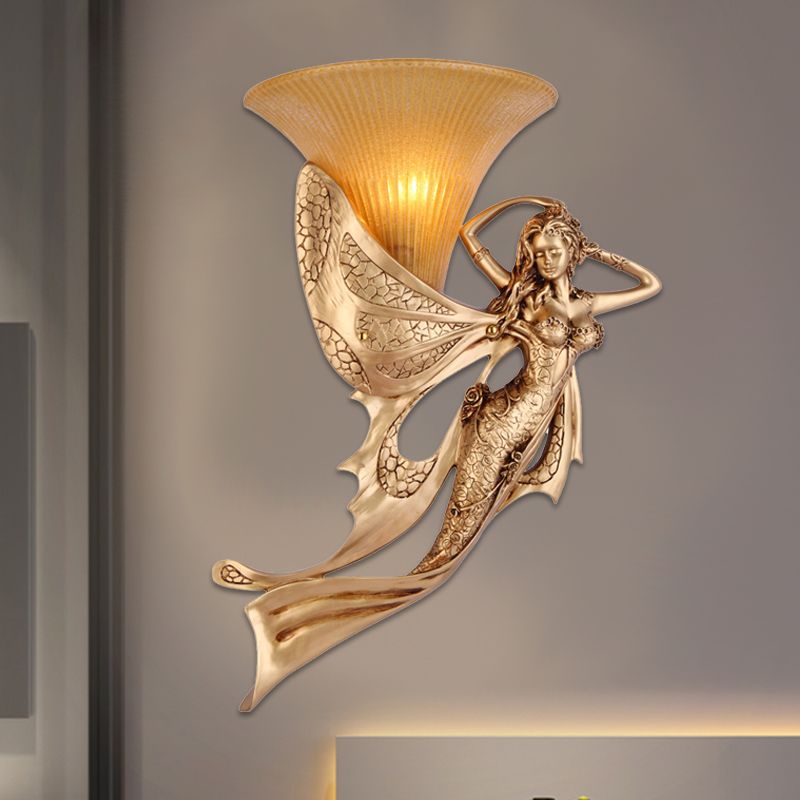 Resin Gold Wall Sconce Mermaid 1-Light Rustic Style Wall Mounted Lamp with Cone Ribbed Glass Shade
