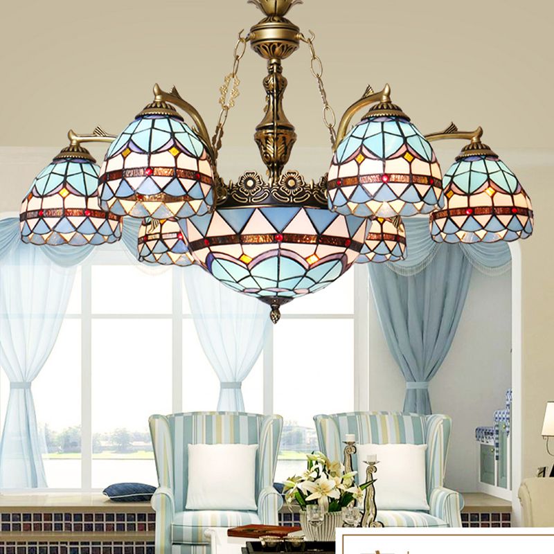 Blue 5/9/11 Lights Chandelier Light Fixture Tiffany Cut Glass Domed Shade Suspension Pendant