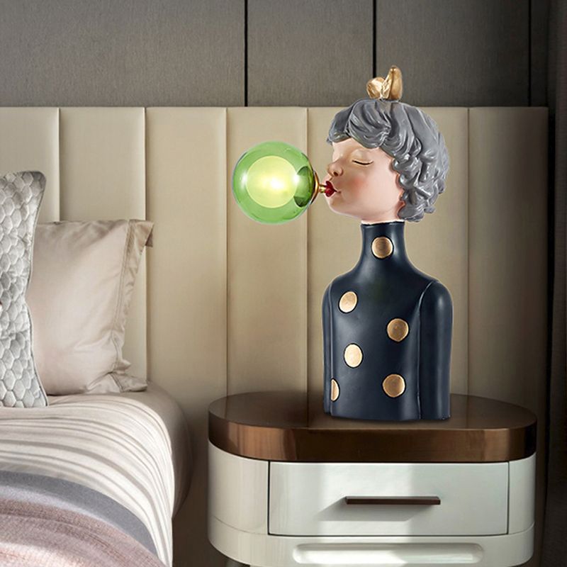 Blowing Bubble Girl Resin Desk Light Cartoon 1 Bulb Black Night Lamp with Clear/Blue/Green Glass Shade