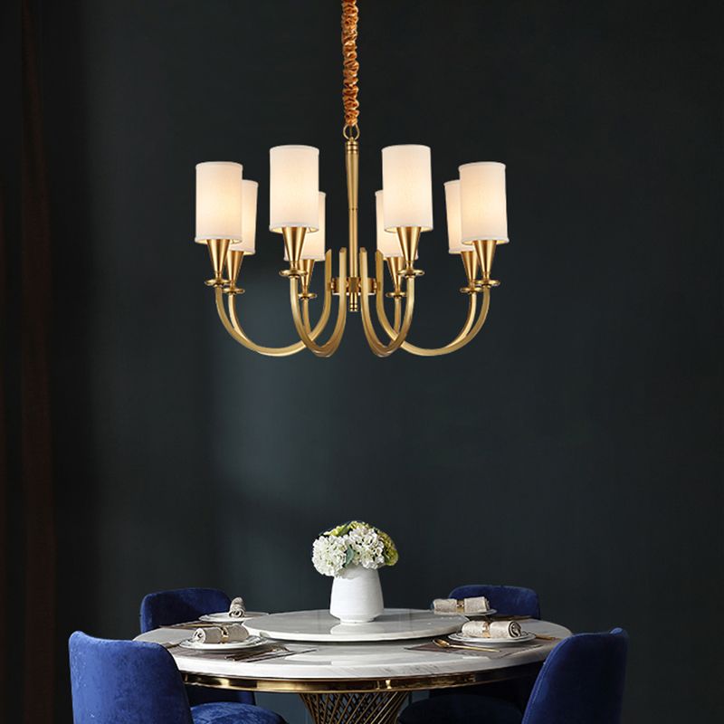 American Rustic Style Copper Chandelier Multi-lights Cylindrical Fabric Shade Hanging Light in Gold