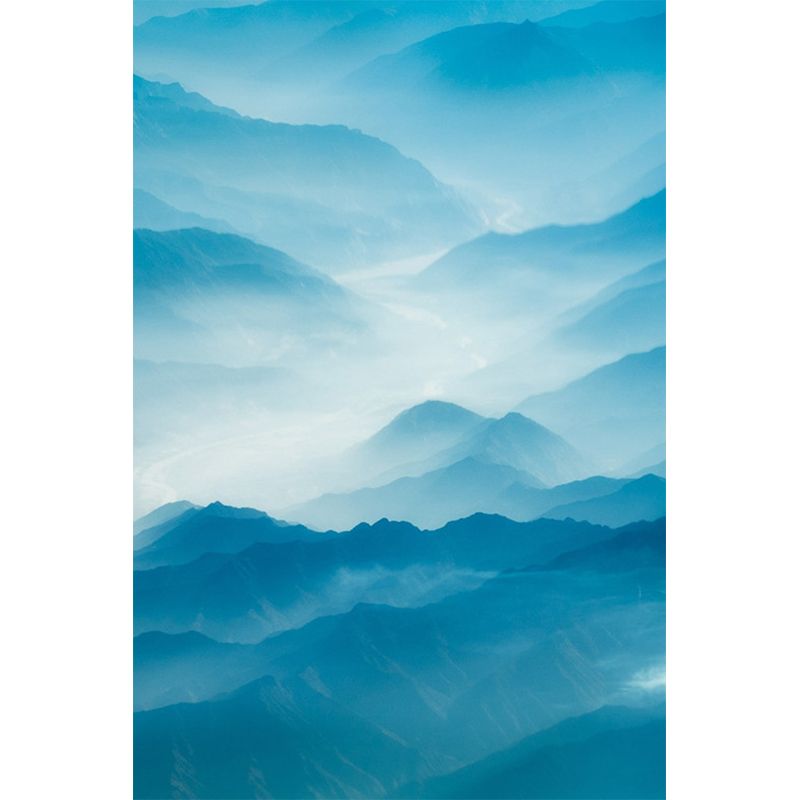 Modern Landscape Wallpaper Mural Blue Smoggy Mountain with Curved River Wall Art