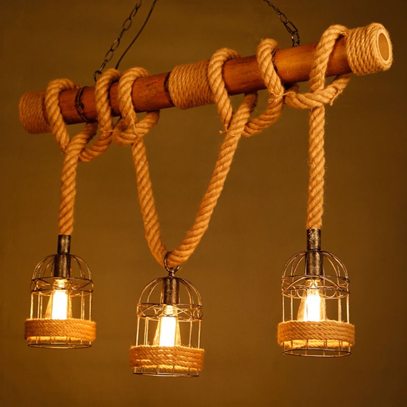 Industrial Iron Cage Island Light Fixtures with Adjustable Hemp Rope 3 Lights Ceiling Pendant for Bar