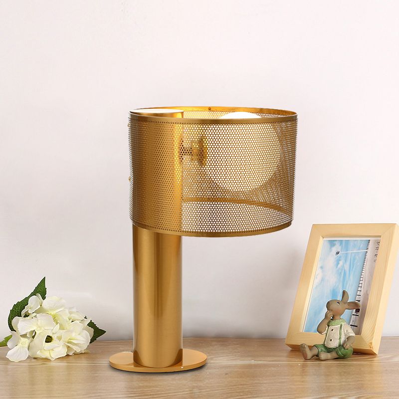 Metal Drum Mesh Night Table Light Post Modern 1 Head Desk Lamp in Gold with Orb Opal Glass Shade