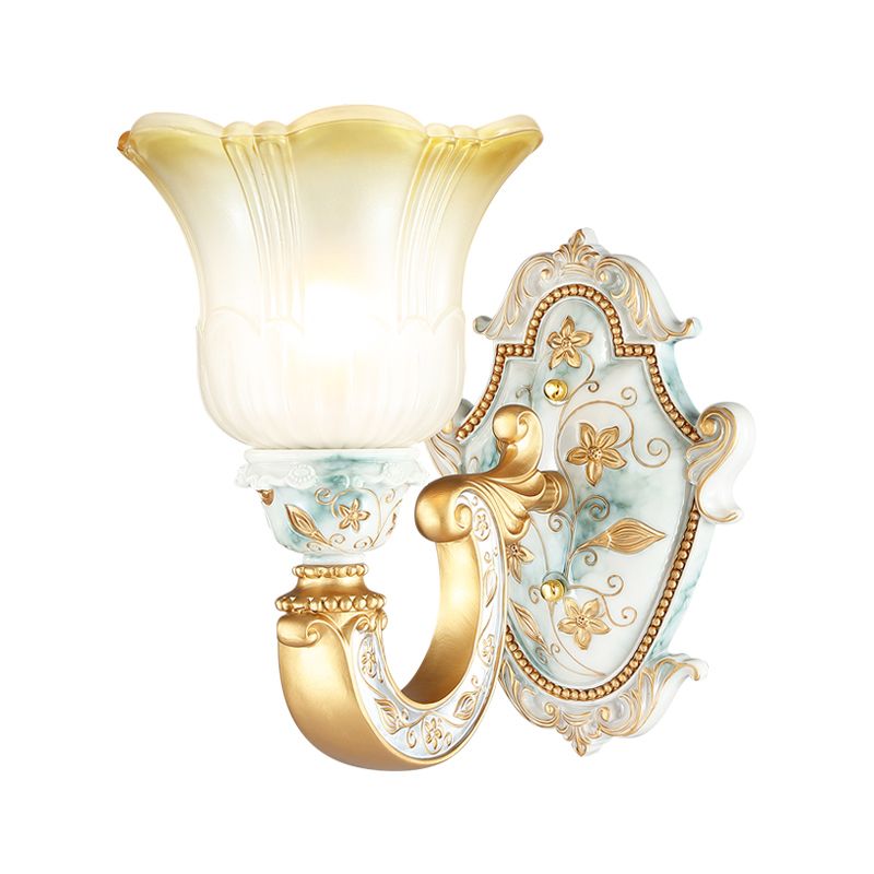 Traditional Flower Wall Mount Lamp 1/2-Head Fading Amber and White Glass Sconce in Gold