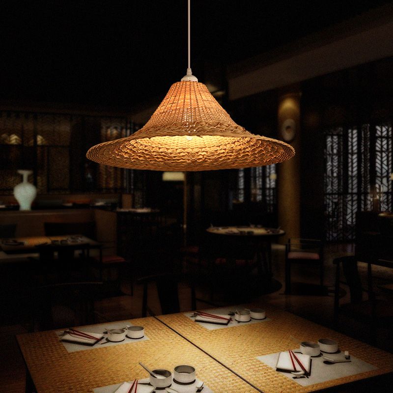 Straw Hat Ceiling Light Asian Style Bamboo 1 Bulb Restaurant Hanging Light Fixture in Wood