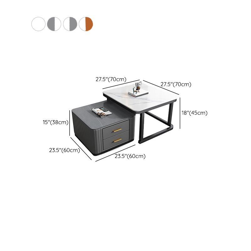 Modern Square Stone Coffee Table with Drawers 2 Nesting Cocktail Table Set
