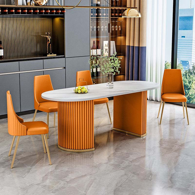 Eigentijdse ovale eettafel gesinterde stenen eettafel met dubbel voetstuk