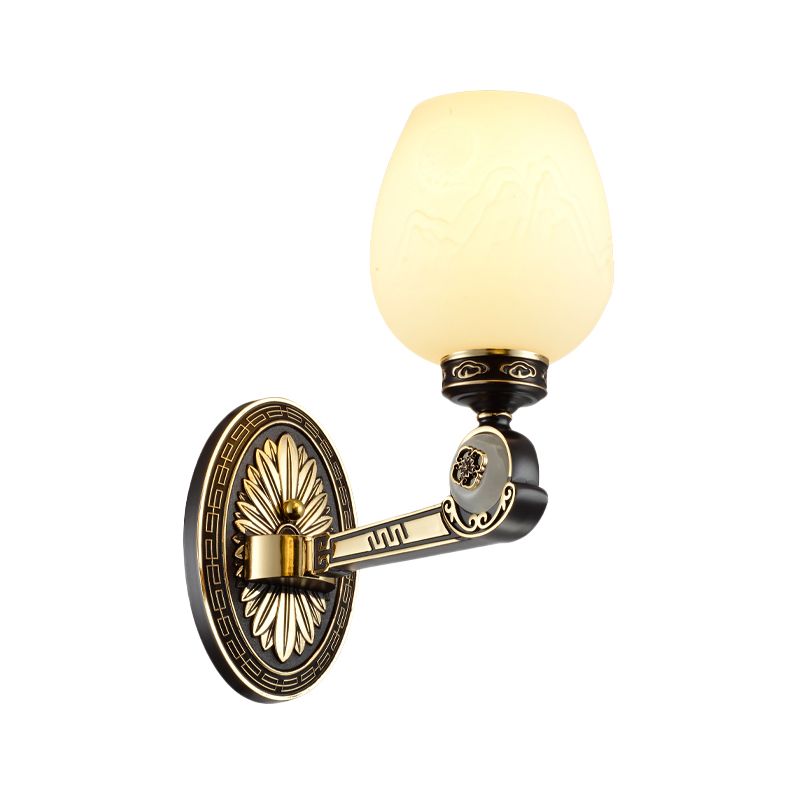 Milky Glass Carving Oval Sconce Vintage 1 Light Living Room Wall Lighting Fixture in Black and Gold