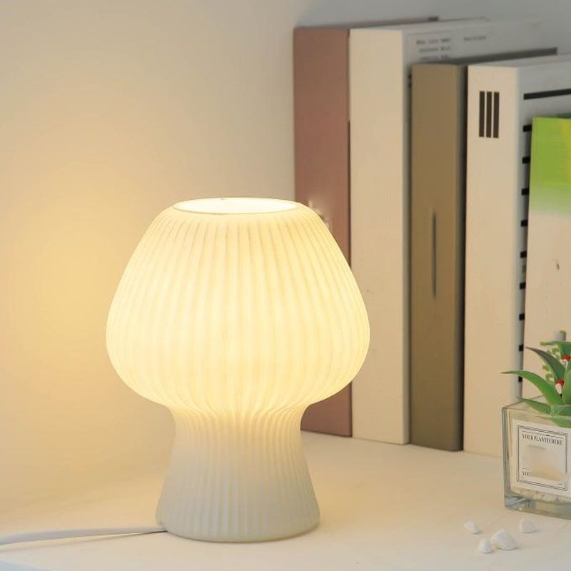 Macaron Style 1-Bulb Table Lamp Rib Glass Tulip Night Stand Light