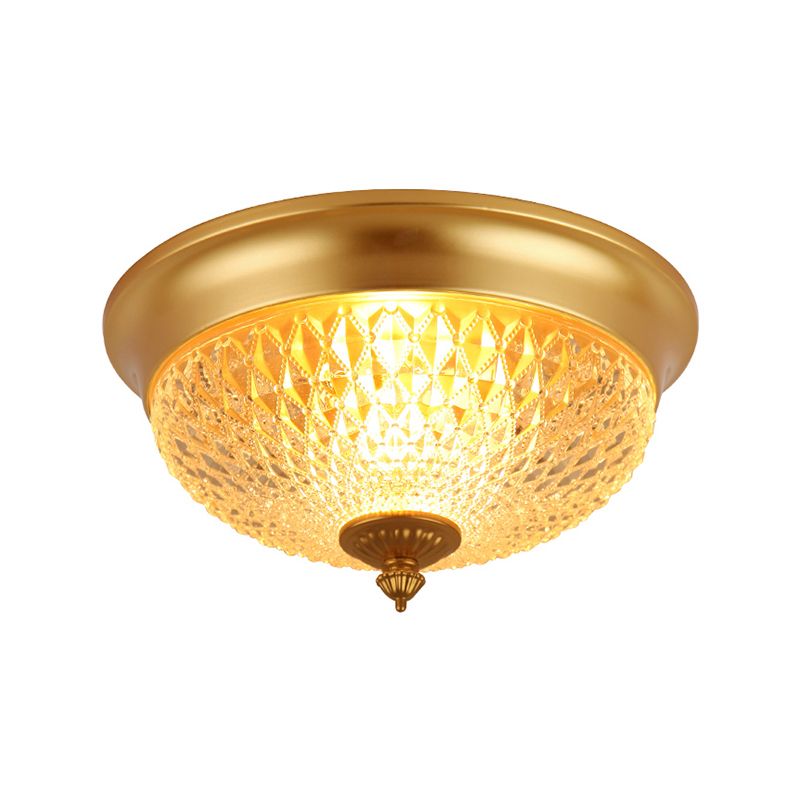 Dome Bedroom Flush Mount Light Colonial Lattice Glass 2 Bulbs Brass Close to Ceiling Lighting Fixture