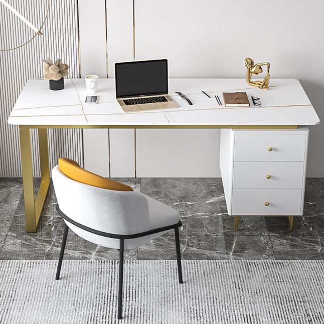 Metal Base Writing Desk Glam Style Office Desk with 3-drawer