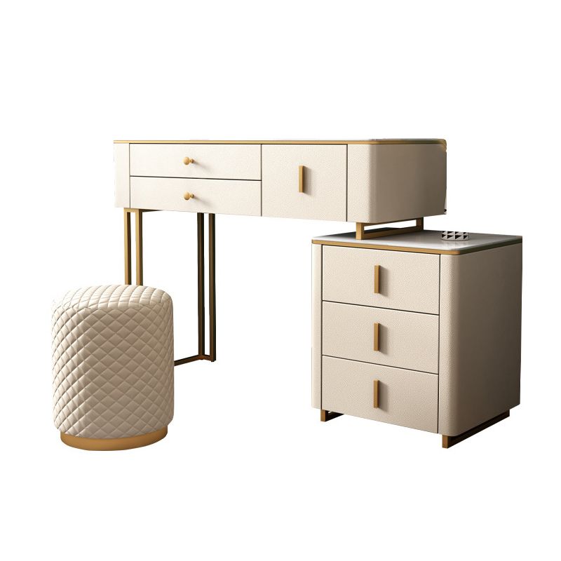 Stone Top Vanity Desk with 6 Drawers, Metallic White/Grey, 15.75" D x 30.71" H
