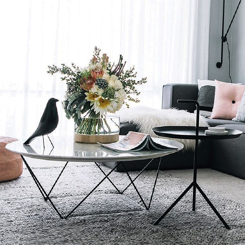Frame Base Coffee Table Round Black/White Stone Cocktail Table