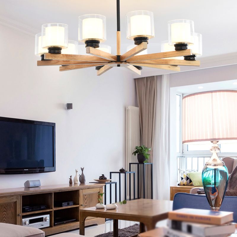 Wooden Chandelier Modern Living Room Suspension Lamp with Glass Shade