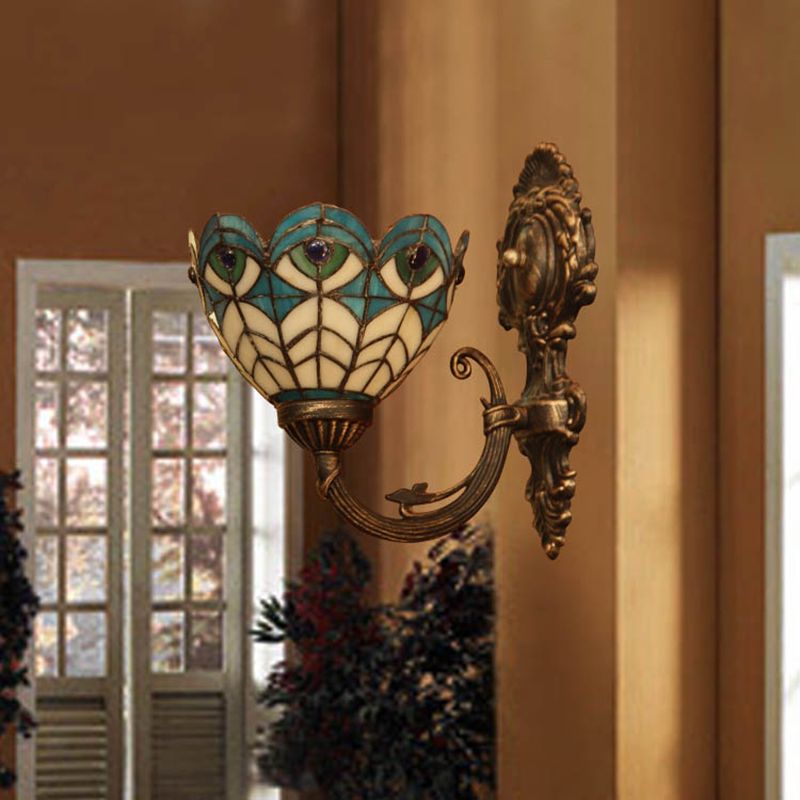 Scalloped Wall Sconce Light with Peacock Stained Glass 1 Bulb Tiffany Wall Lighting