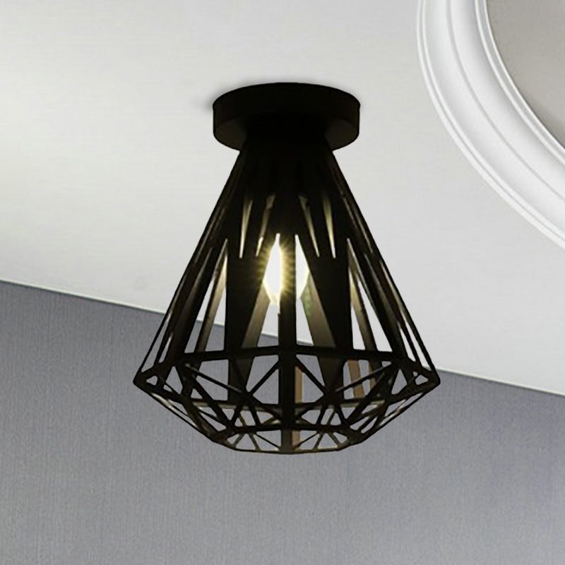 Luminaire encastré à cage métallique avec abat-jour en diamant, éclairage de plafond de couloir à 1 ampoule de style loft en noir