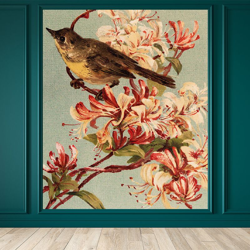 Brown Contemporary Mural Wallpaper Big Bird and Flower Branch Wall Art for Playroom