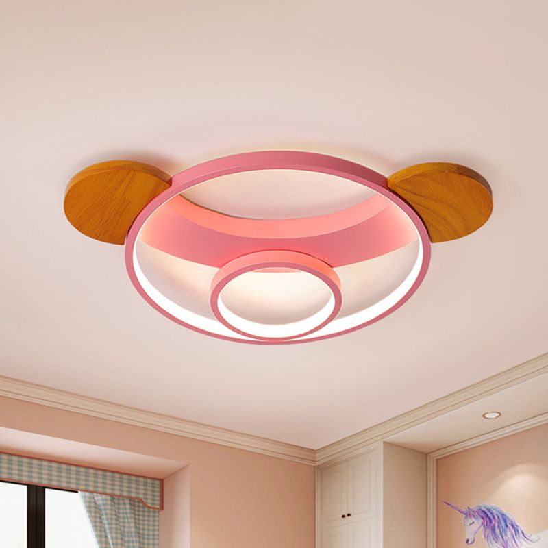 16"/19.5" W Bear Head Shape Flush Lamp Cartoon Metal LED Bedroom Flush Mount in Pink/Blue and Wood, Warm/White Light