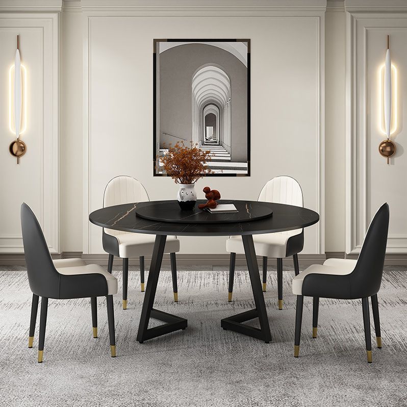 Modern Stone Double Pedestal Dining Table Matte Finish Round Table for Kitchen