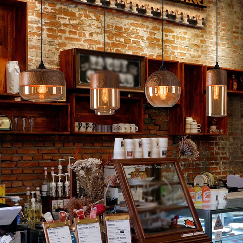 La lampe suspension de la suspension nordique en bois nordique 1-Light Light avec une teinte en verre géométrique