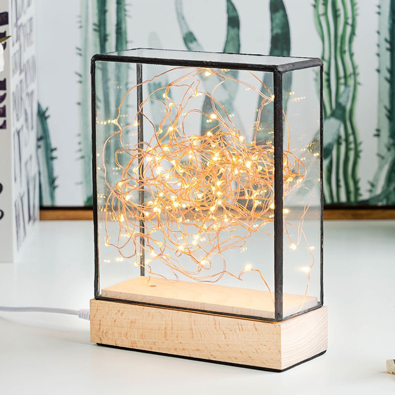 Niños Noche de vidrio transparente Noche USB Iluminación de mesa LED cargable en madera con oso rosa interior y cuerda