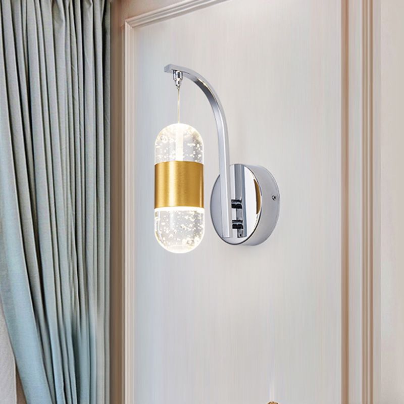 LED Metal Wall Sconce Traditionalist Gold Swooping Arm Bedroom Wall Mounted Light with Bubble Crystal Shade