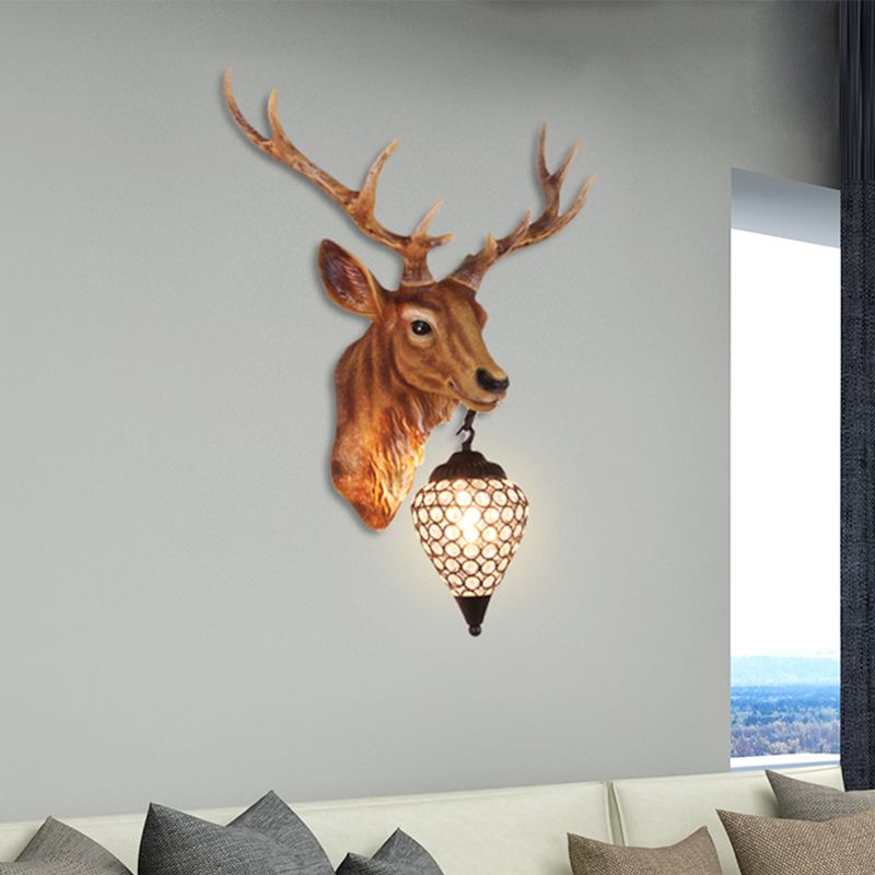 Teardrop Beveled Crystal Wall Lighting Country 15"/20.5"/24.5" Wide 1 Head Bedroom Sconce Lamp with Deer Head in White/Yellow/Gold