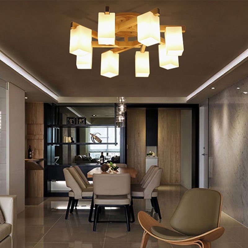 Rectangle White Glass Semi Flush Chandelier Modern Wood Close to Ceiling Light for Living Room
