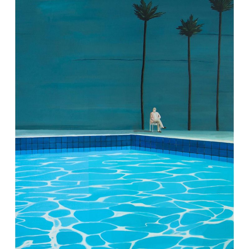 Custom Size Illustration Artistic Mural with Sit by the Pool Side Painting in Blue