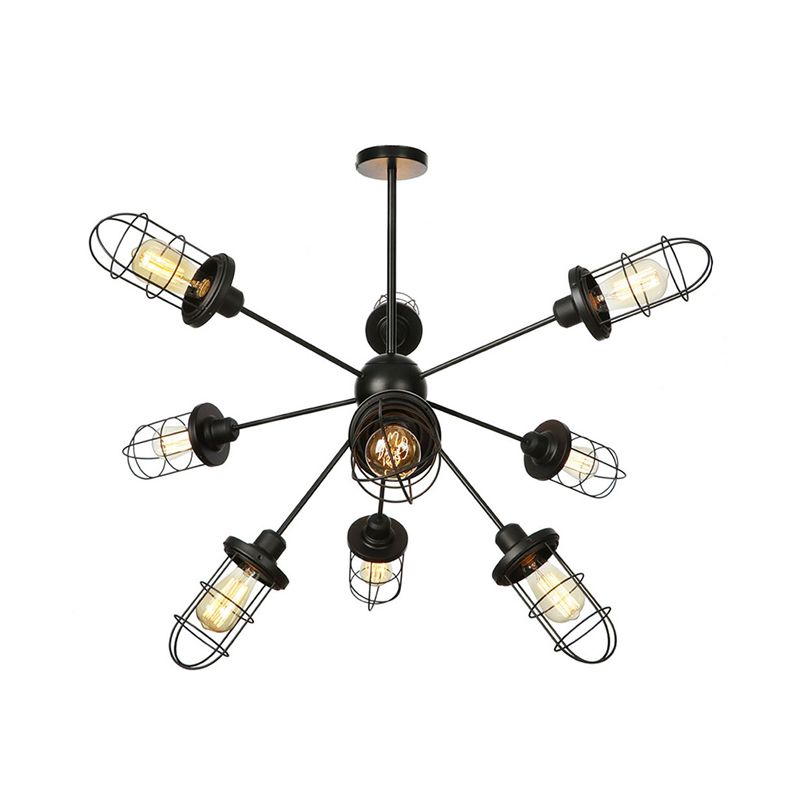 Caged Chandelier Lamp Farmhouse Style Iron 9/12/15 Lights Black Finish Hanging Ceiling Fixture with Sputnik Design