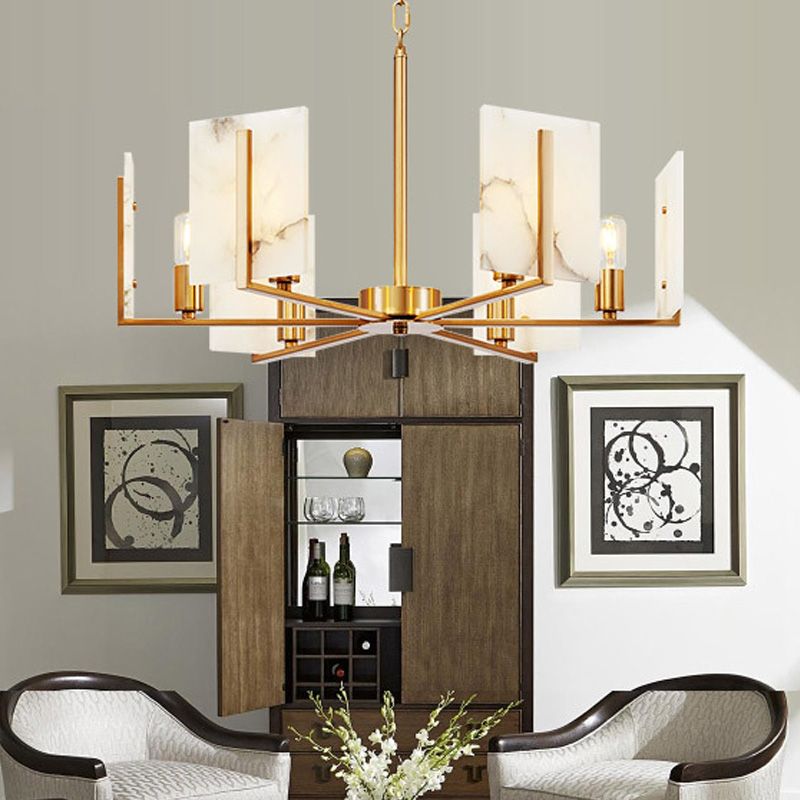 6 Lights Chandelier Pendant Light Colonial Expose Bulb Metal Suspension Lamp in Gold with Rectangle Marble Panel