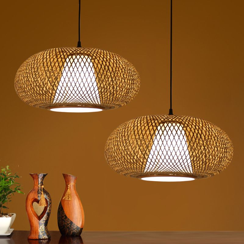 Curved Drum Pendant Lighting Tradition Bamboo 1 Bulb 12"/14"/16" Wide Wood Hanging Lamp Kit
