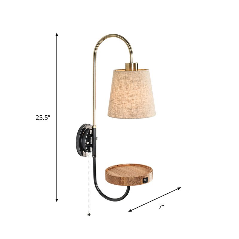 Conical Fabric Pull Chain Wall Mount Lamp Modern Single Wood Sconce Light with USB Port and Wood Rack
