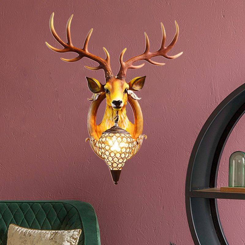 1-Light Clear Beveled Crystal Sconce Rural White/Brown/Black-White Waterdrop Bedroom Wall Lighting with Faux Elk Backplate, 16"/24" W