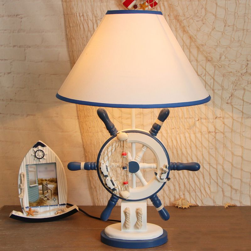 LifeBuoy / Rudder Wooden Table Light Kids Light Blue Blue Nightstand Lampe avec une teinte en tissu conique