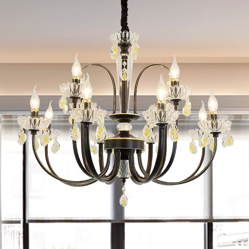 Black Candle Chandelier Lamp Rustic Metal 12/15 Lights Living Room Hanging Light Kit with Crystal Accent