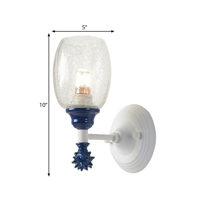 1/2-Bulb Bedside Wall Mounted Lamp Rural Blue/Gold/Dark Blue Wall Lighting with Oval Clear Crackle Glass Shade